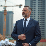 Homme d'affaires immobilier en costume dans un chantier