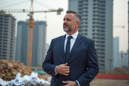 Homme d'affaires immobilier en costume dans un chantier