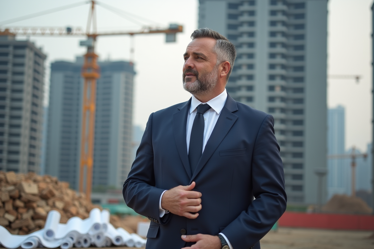 Homme d'affaires immobilier en costume dans un chantier