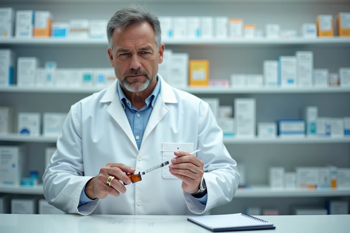 Pharmacien dosant un médicament liquide en millilitres avec une seringue orale