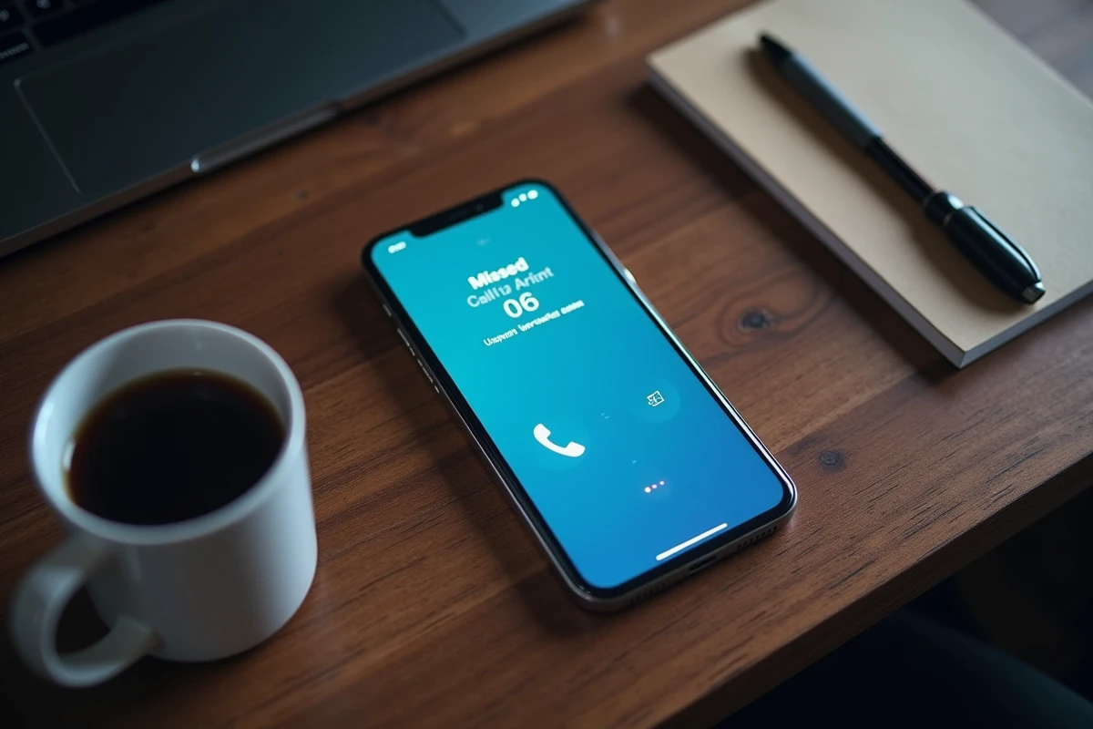 Écran de smartphone affichant un appel manqué d'un numéro de téléphone français inconnu posé sur un bureau
