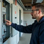Électricien professionnel inspectant un tableau électrique triphasé avec disjoncteurs calibrés pour borne de recharge