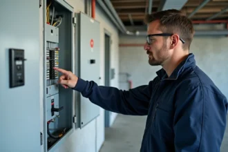 Électricien professionnel inspectant un tableau électrique triphasé avec disjoncteurs calibrés pour borne de recharge