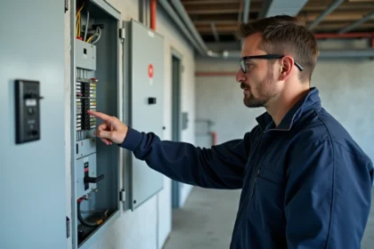 Électricien professionnel inspectant un tableau électrique triphasé avec disjoncteurs calibrés pour borne de recharge