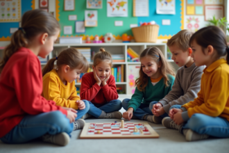 Enfants de 7 à 10 ans jouant à un jeu de société en classe