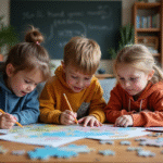 Trois enfants jouent avec un puzzle dans un salon chaleureux