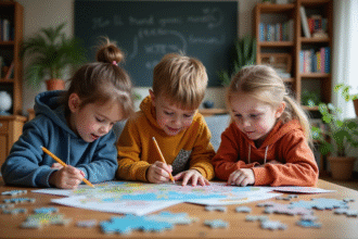 Trois enfants jouent avec un puzzle dans un salon chaleureux