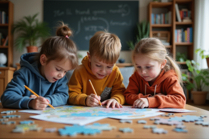 Trois enfants jouent avec un puzzle dans un salon chaleureux