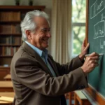 Professeur âgé écrit au tableau dans une salle de classe chaleureuse