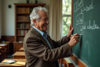 Professeur âgé écrit au tableau dans une salle de classe chaleureuse