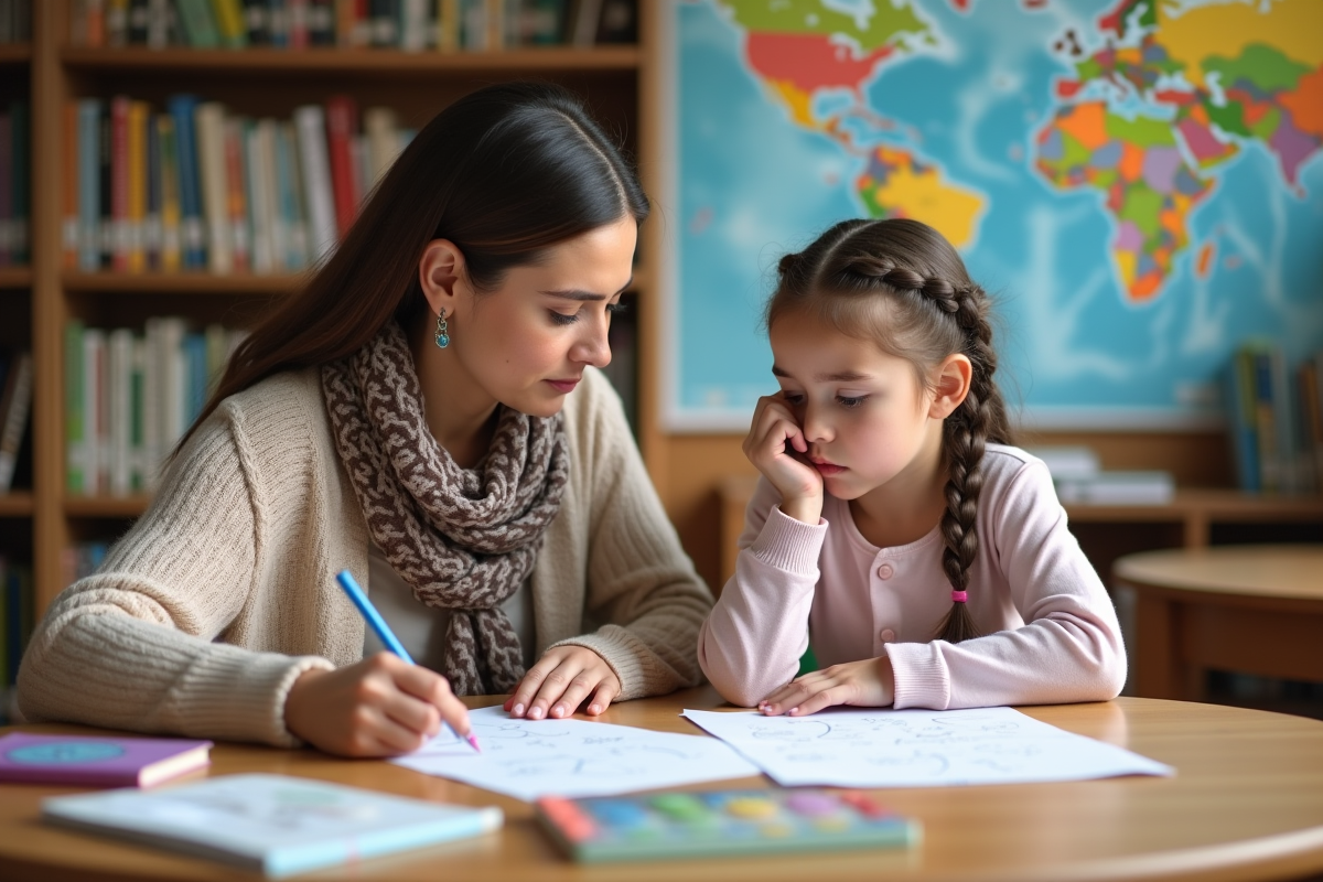 Enseignante aidant une fille en difficulté en mathématiques