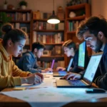Groupe de joueurs organisant leurs recherches de portails Dofus en équipe autour d'un bureau avec cartes et ordinateurs portables