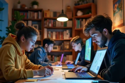 Groupe de joueurs organisant leurs recherches de portails Dofus en équipe autour d'un bureau avec cartes et ordinateurs portables
