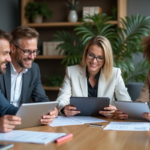 Quatre professionnels discutent autour d'une table de réunion