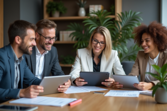 Quatre professionnels discutent autour d'une table de réunion