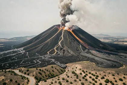 Éruption de l'Etna avec coulées de lave descendant les pentes volcaniques sombres de Sicile