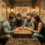 Groupe d'adultes résolvant des énigmes dans une salle d'escape game immersive dans les Alpes-Maritimes