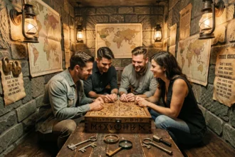 Groupe d'adultes résolvant des énigmes dans une salle d'escape game immersive dans les Alpes-Maritimes