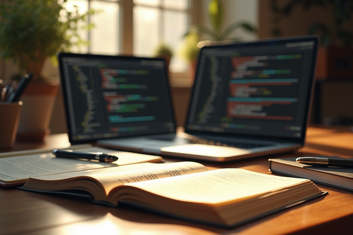 Espace de travail créatif avec livres notes et ordinateur lumineux