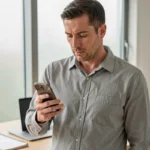 Homme examinant un smartphone usagé pour estimer sa valeur de revente, assis à un bureau moderne