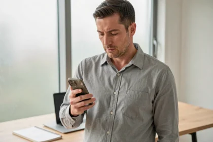 Homme examinant un smartphone usagé pour estimer sa valeur de revente, assis à un bureau moderne