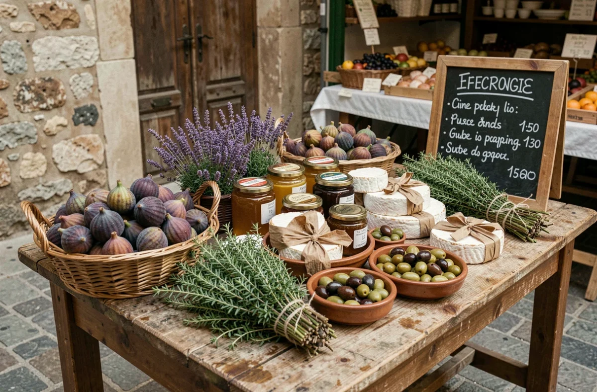 Étal de marché typique d'Aix-en-Provence avec fromages de chèvre, figues, miel de lavande, olives et herbes aromatiques sur une table en bois rustique