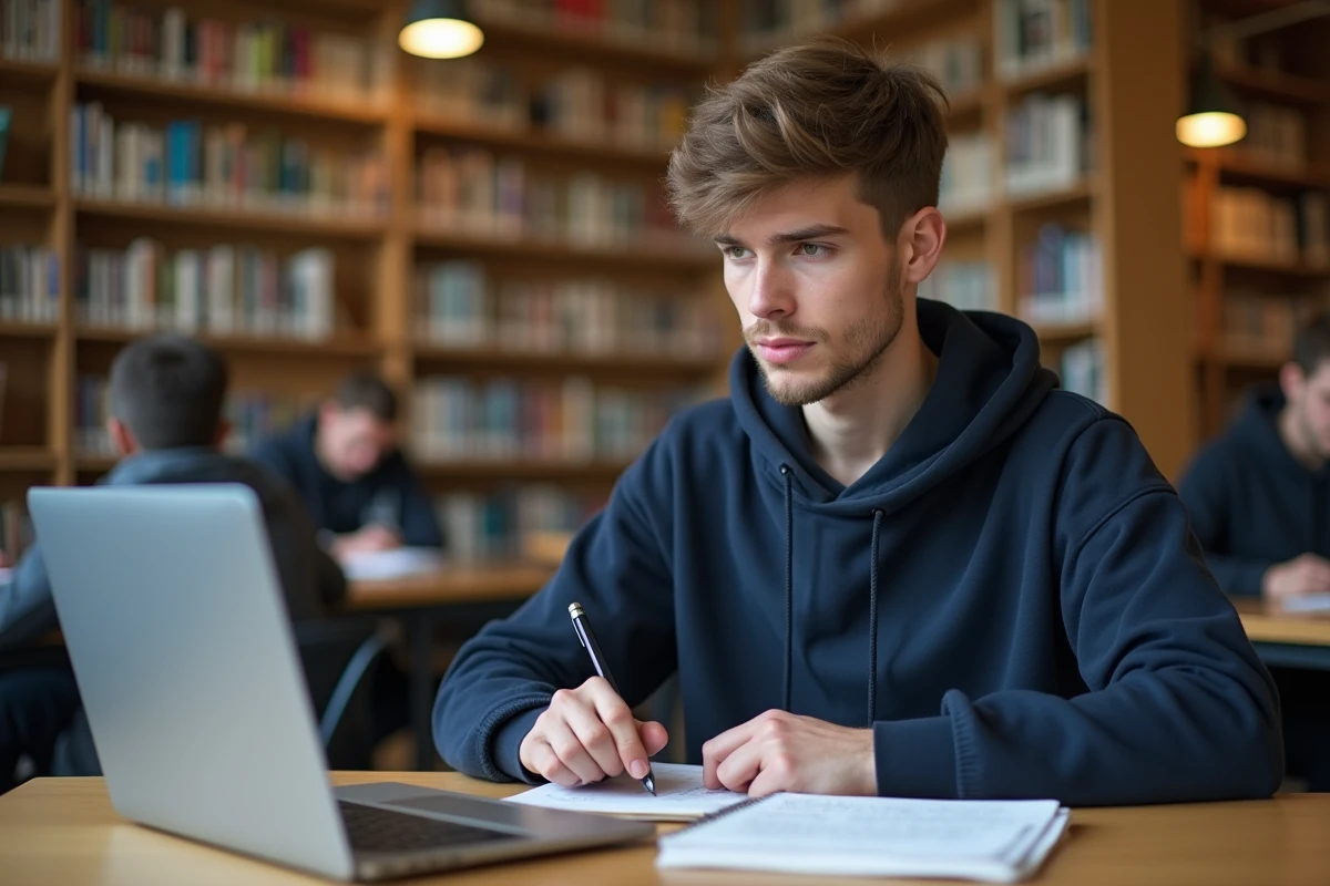 Étudiant consultant Wikipédia sur un ordinateur portable dans une bibliothèque universitaire avec un carnet de notes ouvert