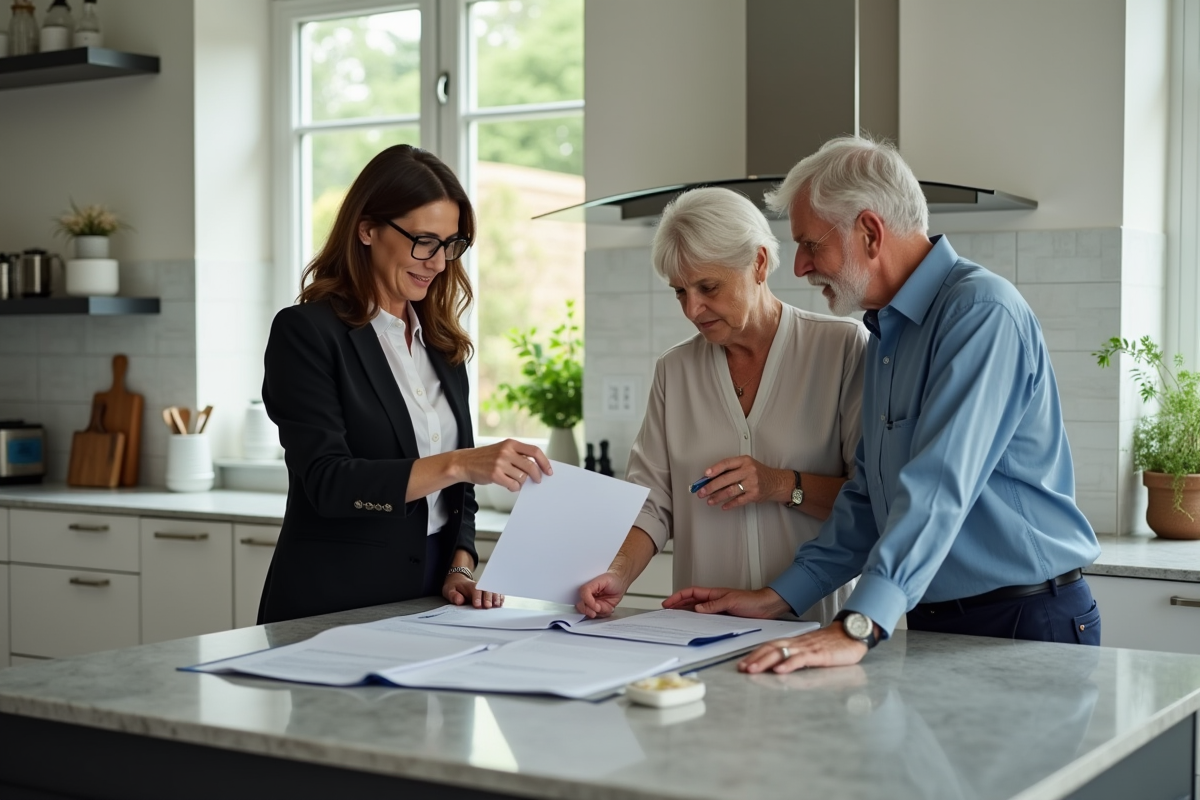 Evaluatrice immobiliere examinant documents dans une cuisine lumineuse