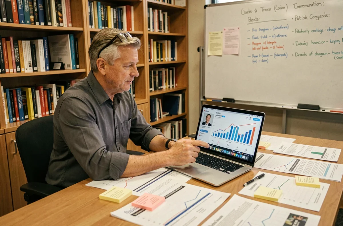 Expert en communication politique analysant un profil Instagram avec statistiques et rapports imprimés dans un bureau académique