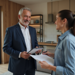 Expert immobilier en costume bleu discutant avec une femme