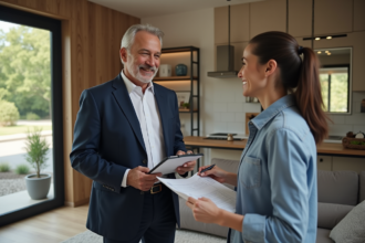 Expert immobilier en costume bleu discutant avec une femme