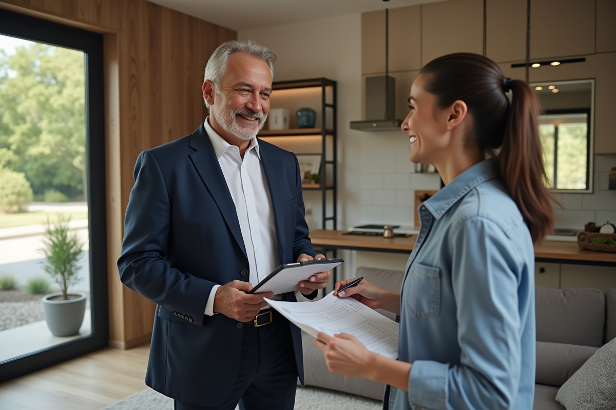 Expert immobilier en costume bleu discutant avec une femme