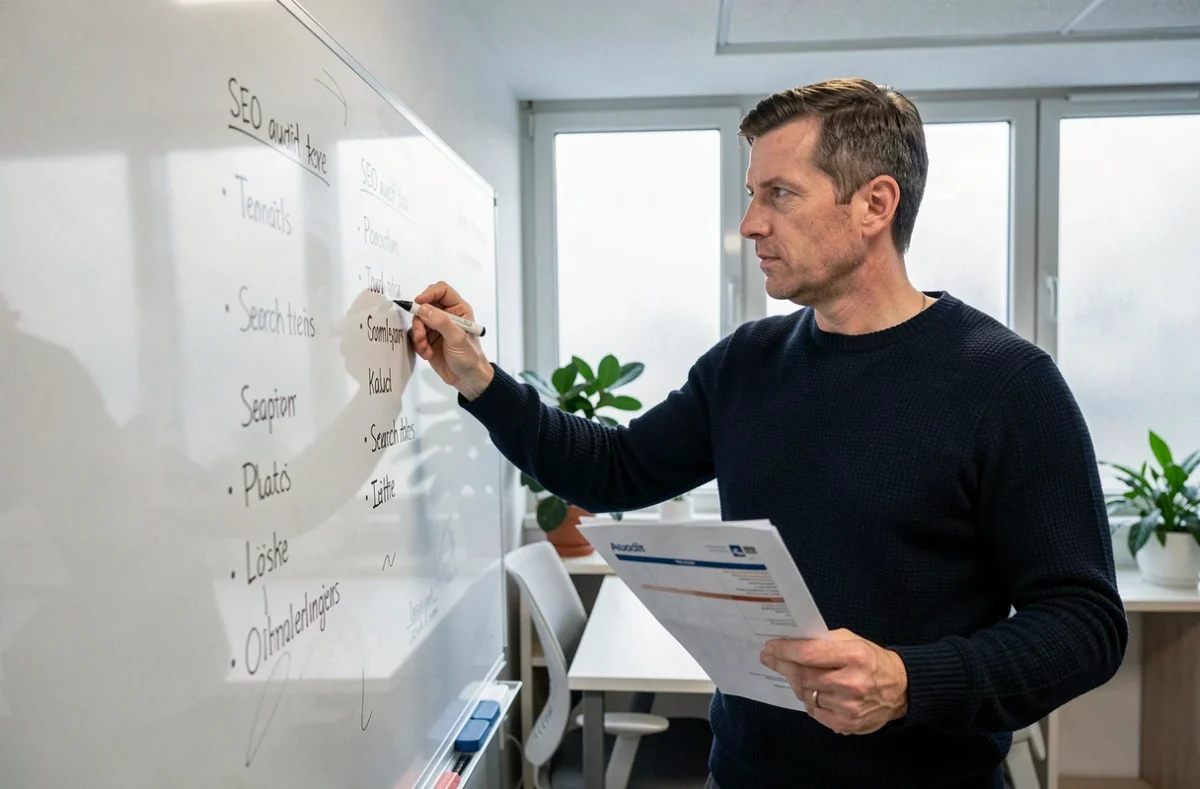 Expert SEO masculin écrivant des termes de recherche sur un tableau blanc dans une salle de réunion, tenant un rapport d'audit de mots-clés