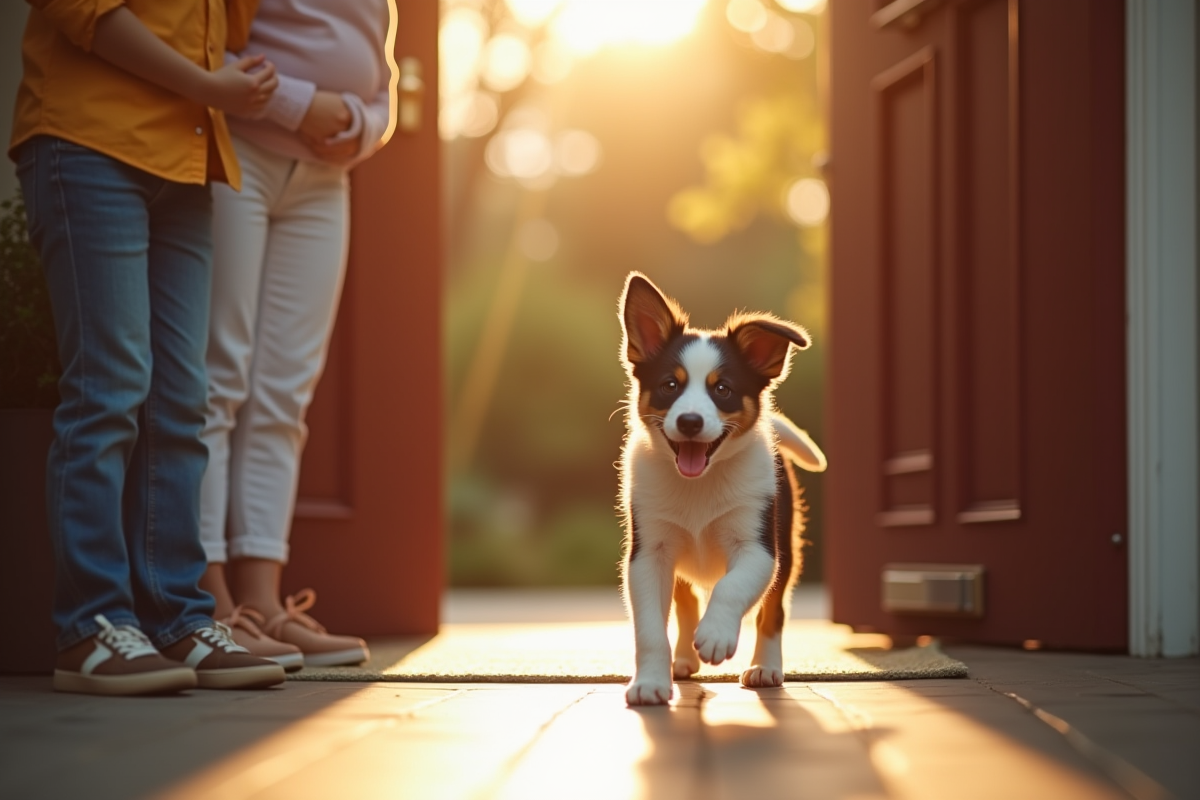 Famille accueillant un chiot border collie à la porte