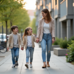 Mère et enfants souriants marchant dans la ville printanière