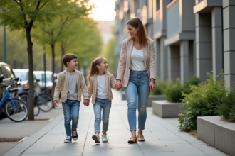 Mère et enfants souriants marchant dans la ville printanière