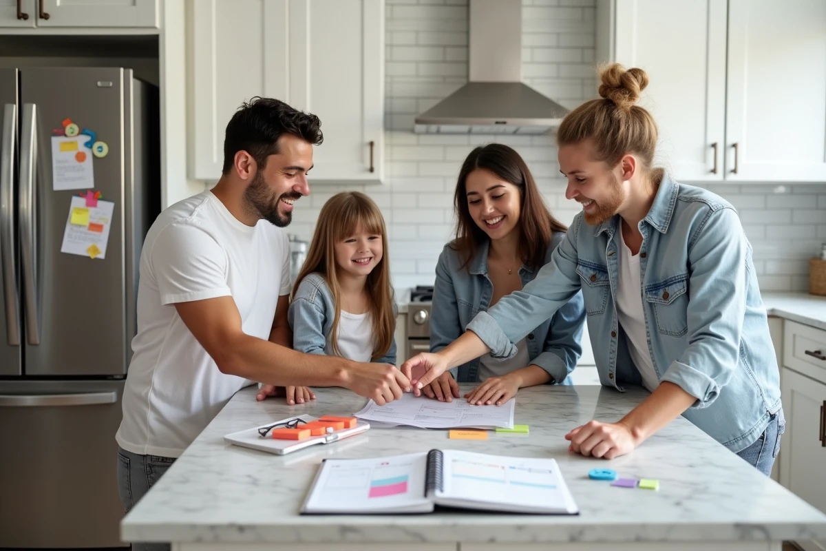 Famille planifiant l'organisation hebdomadaire avec un calendrier semaines paires et impaires autour de la cuisine