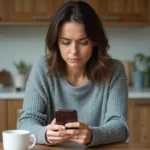 Femme consultant son smartphone avec un numéro de téléphone inconnu affiché à l'écran, indicatif 49