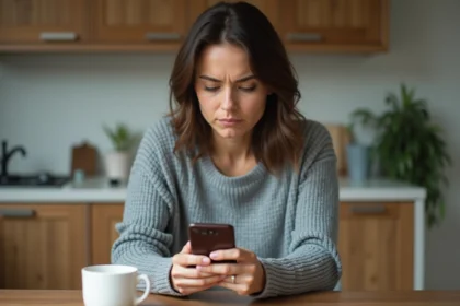 Femme consultant son smartphone avec un numéro de téléphone inconnu affiché à l'écran, indicatif 49