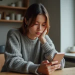 Femme hésitant à rappeler un numéro de téléphone inconnu après un appel manqué sur son smartphone