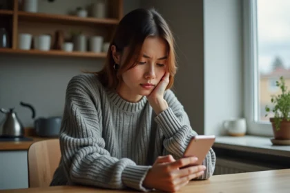 Femme hésitant à rappeler un numéro de téléphone inconnu après un appel manqué sur son smartphone