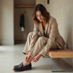 Femme élégante en blazer et mocassins en intérieur