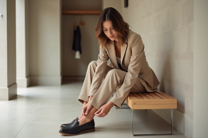 Femme élégante en blazer et mocassins en intérieur