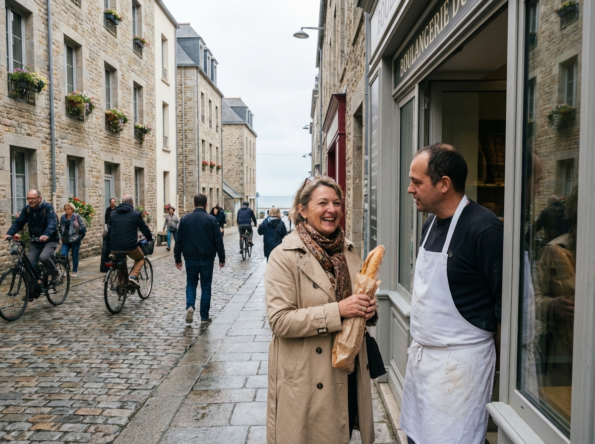 Femme souriante achetant une baguette devant une boulangerie