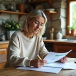 Femme concentrée sur ses factures dans une cuisine chaleureuse