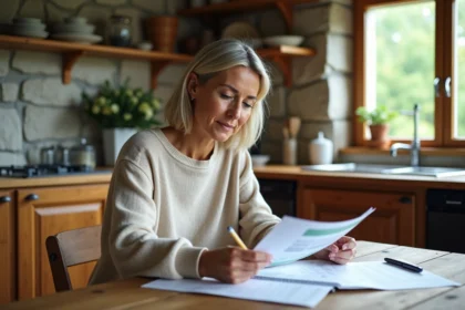Femme concentrée sur ses factures dans une cuisine chaleureuse