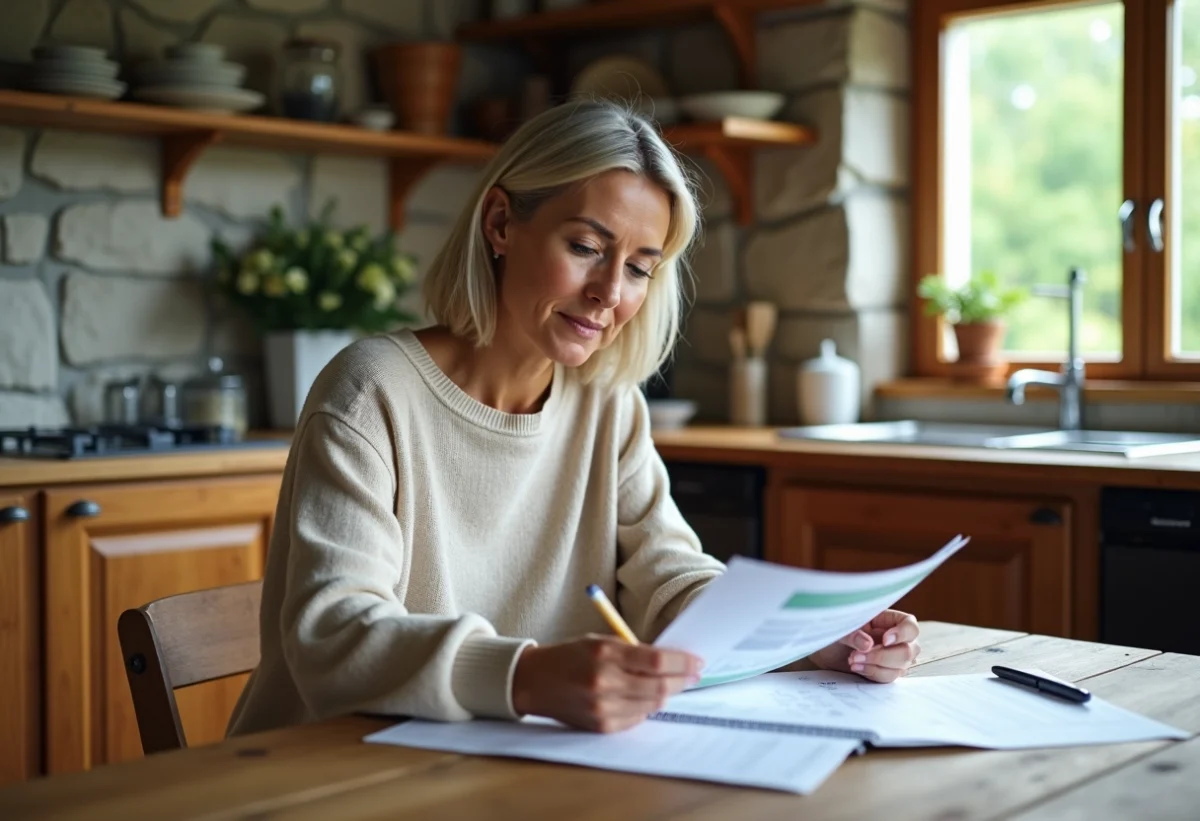 Femme concentrée sur ses factures dans une cuisine chaleureuse