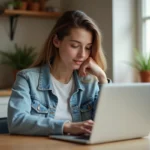 Jeune femme dans sa cuisine utilisant Buzzmax sur son ordinateur