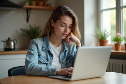 Jeune femme dans sa cuisine utilisant Buzzmax sur son ordinateur