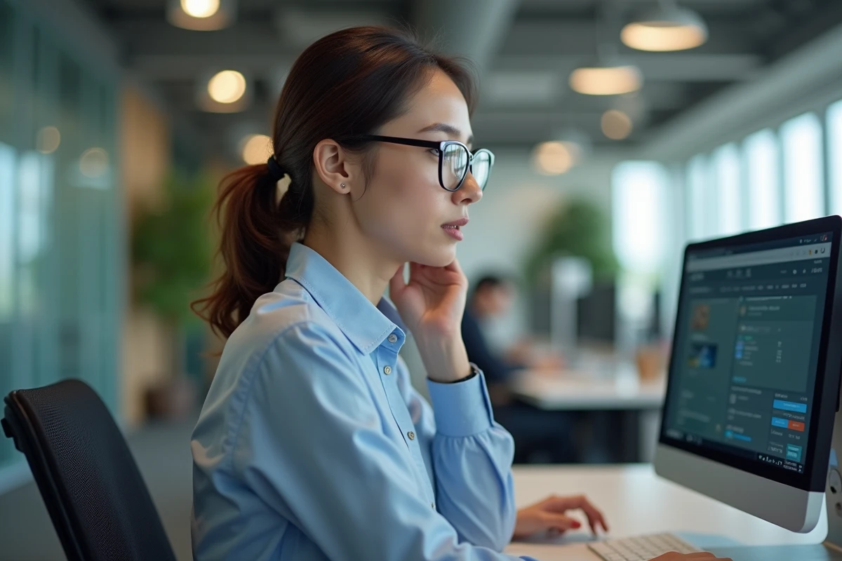 Femme au bureau regardant son écran d